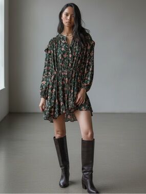 Free People Flower Fields Mini Dress Dark Green Floral Tie Waist Small